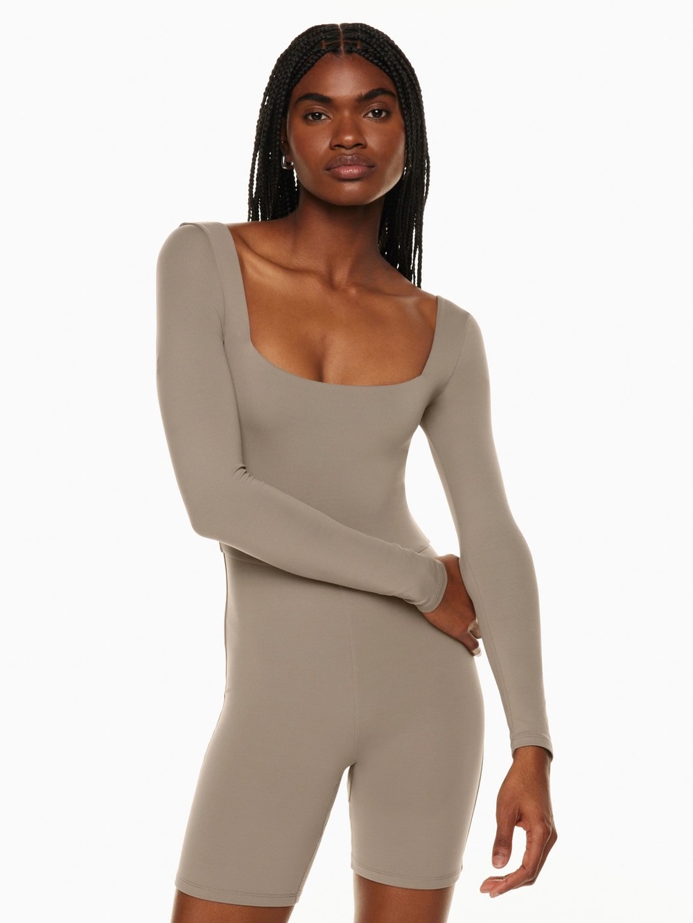 Aritzia Long-Sleeve Contour Square Neck Bodysuit Romper in Taupe
